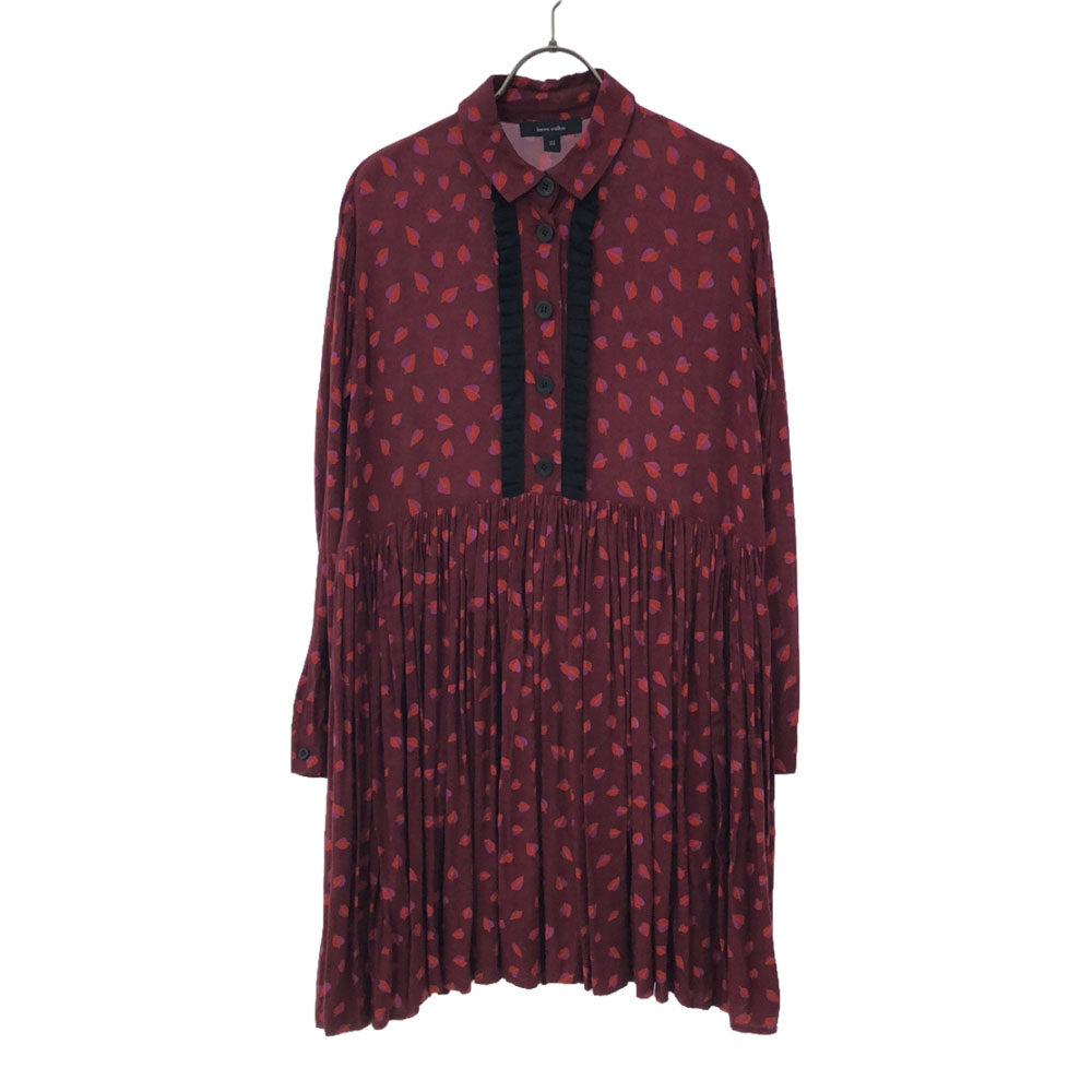 KAREN WALKER カレンウォーカー リーフ柄 長袖 膝丈ワンピース 2 レッド系 レディース
