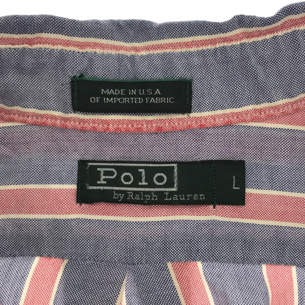 Polo by Ralph Lauren ポロバイラルフローレン 80s USA製 ヴィンテージ 緑タグ ボーイズ ストライプ ロゴ刺繍 長袖 ボタンダウンシャツ L ブルー×レッド メンズ