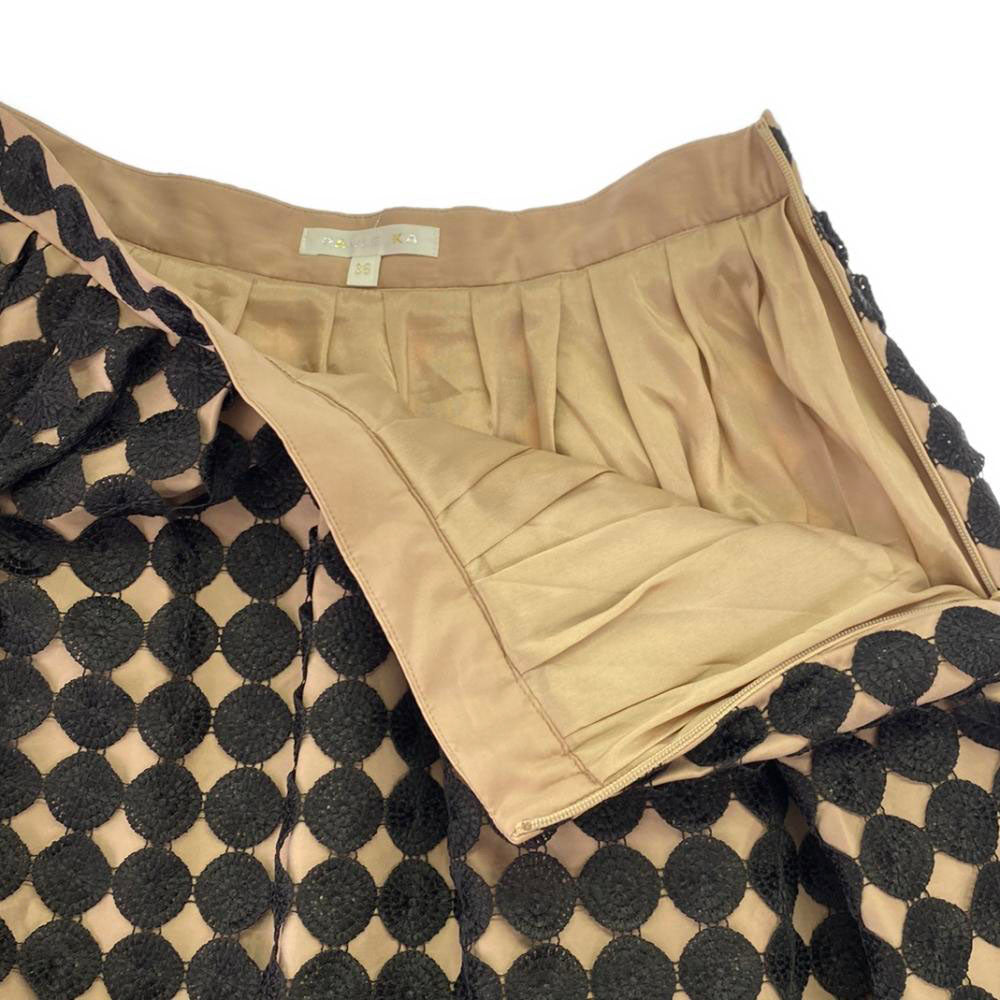 PAULE KA ポールカ ドット刺繍 ミディ丈 フレアスカート 36 ベージュ×ブラック サイドジップ レディース
