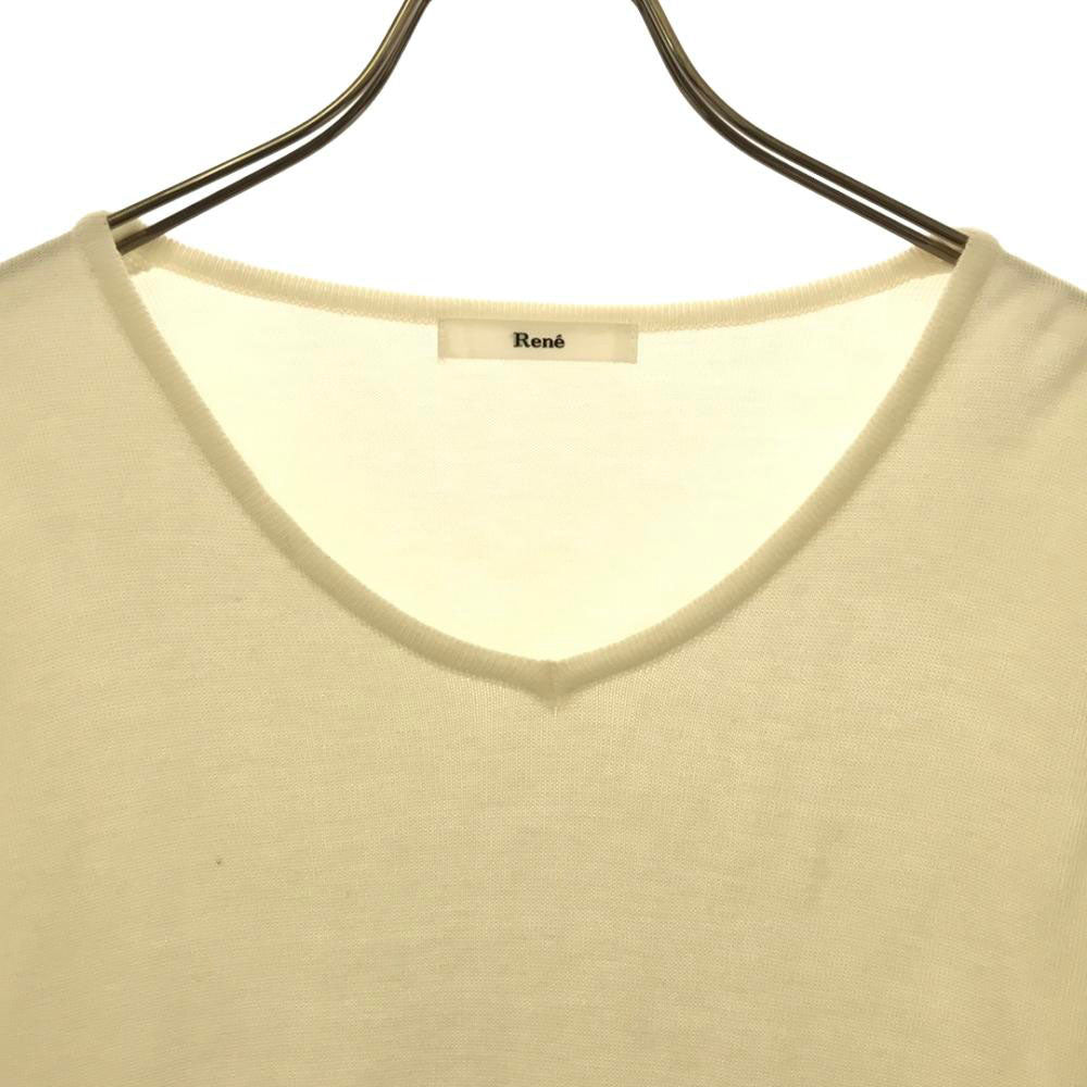 Rene ルネ 日本製 長袖 バルーン袖 Vネック セーター 36 ホワイト系 ニット ビジュー レディース