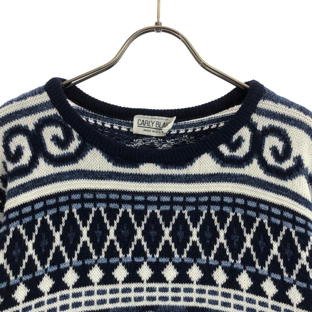 カーリーブレイク 90s USA製 オールド 総柄 長袖 セーター ブルー系 ニット メンズ