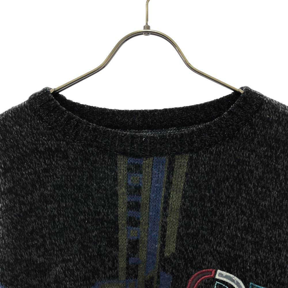 N.A.P 80s 90s オールド ワッペン 幾何学柄 長袖 ニット 56/58 ブラック系 セーター メンズ