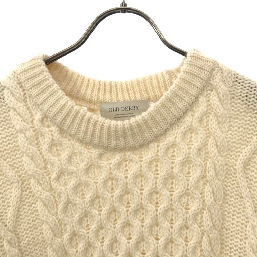 オールドダービー イギリス製 ウール 長袖 セーター _ ホワイト ケーブル編み ニット メンズ
