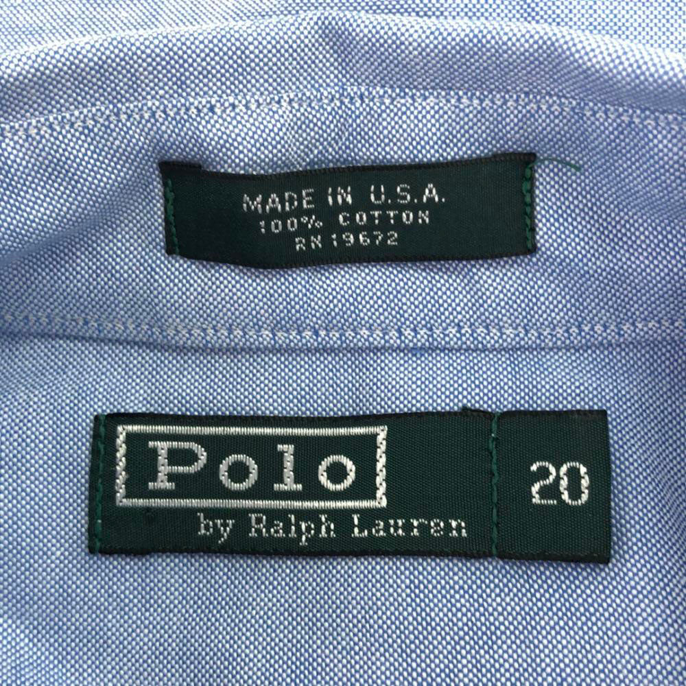 ポロバイラルフローレン 80s USA製 緑タグ ヴィンテージ ボーイズ ロゴ刺繍 長袖 オックスフォード ボタンダウンシャツ 20 ブルー Polo by Ralph Lauren メンズ