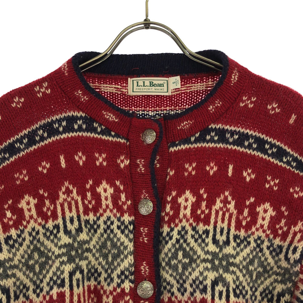 L.L.Bean エルエルビーン 80s USA製 ウールブレンド ヴィンテージ ノルディック柄 長袖 クルーネック ニットカーディガン S レッド系 コンチョボタン レディース