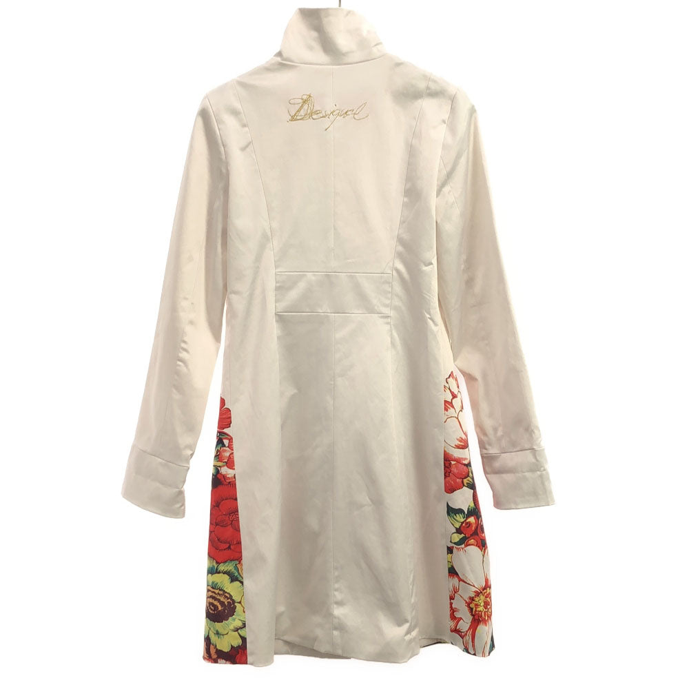 Desigual デシグアル ボタニカル ロゴ刺繍 スタンドカラー コート 36 ホワイト系 裏地付き ストレッチ入り レディース