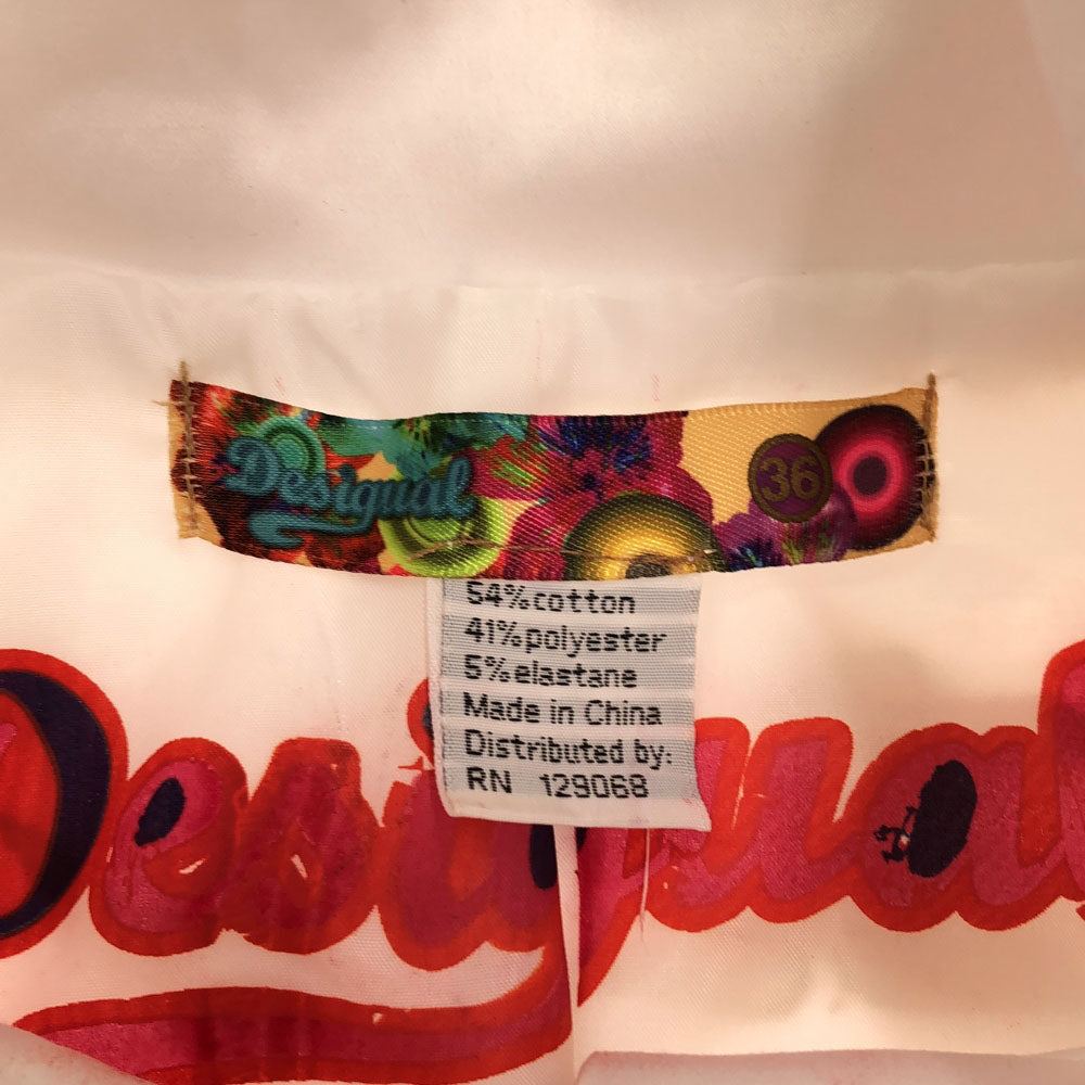 Desigual デシグアル ボタニカル ロゴ刺繍 スタンドカラー コート 36 ホワイト系 裏地付き ストレッチ入り レディース