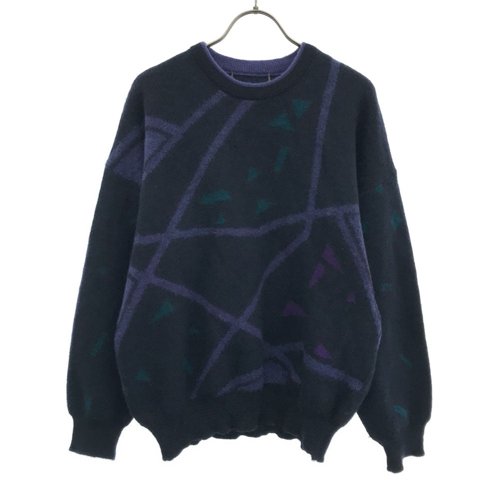 VINTAGE ヴィンテージ 80s ウールブレンド 総柄 長袖 クルーネック セーター 54 パープル×ネイビー ニット メンズ