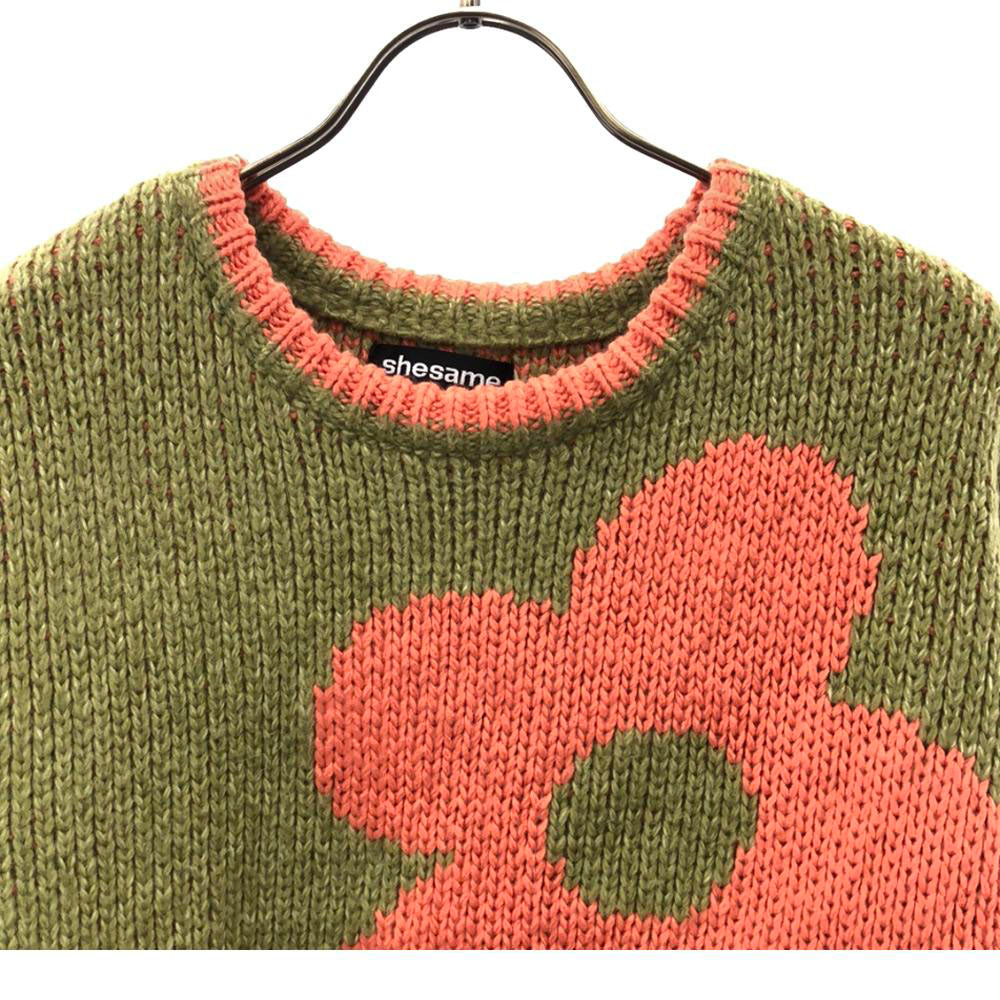 シーセム 花柄 長袖 セーター L グリーン系×オレンジ系 ニット レディース