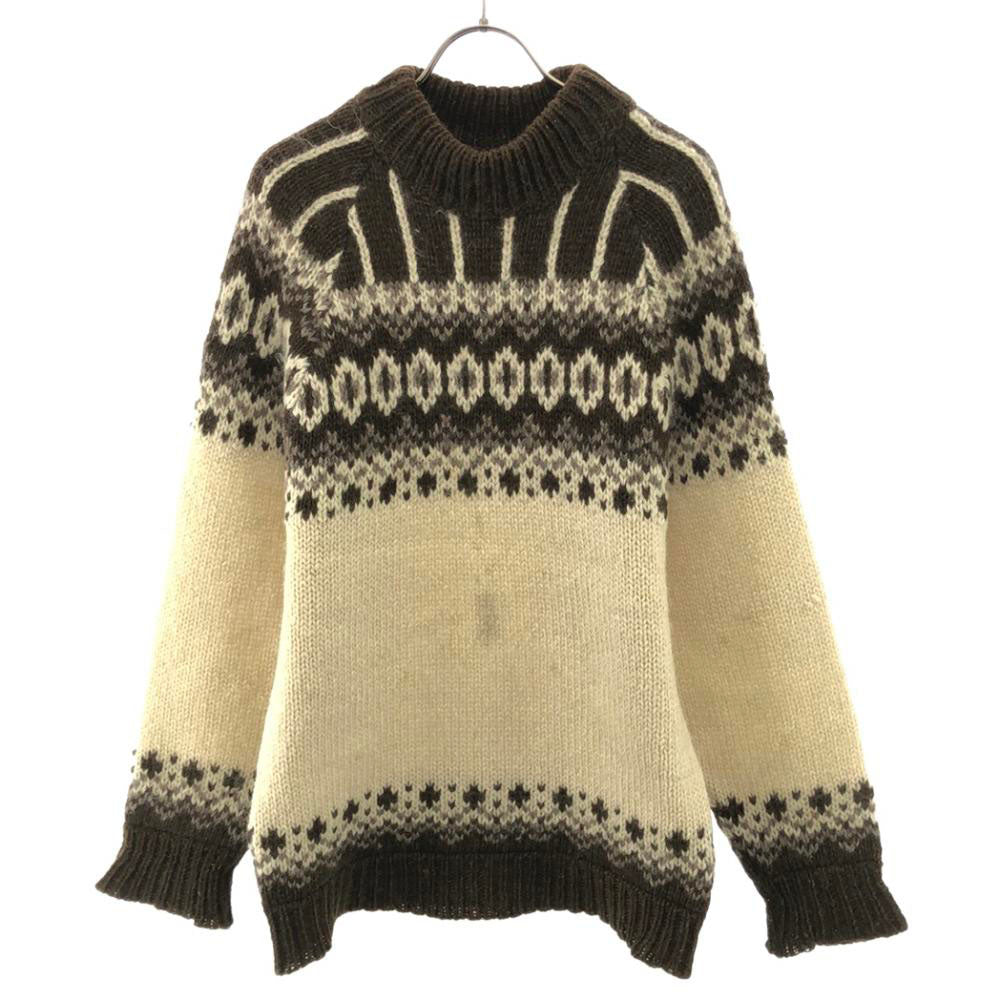 ルノックス 90s ウール オールド 幾何学柄 長袖 モックネック セーター ホワイト×ブラウン ニット メンズ