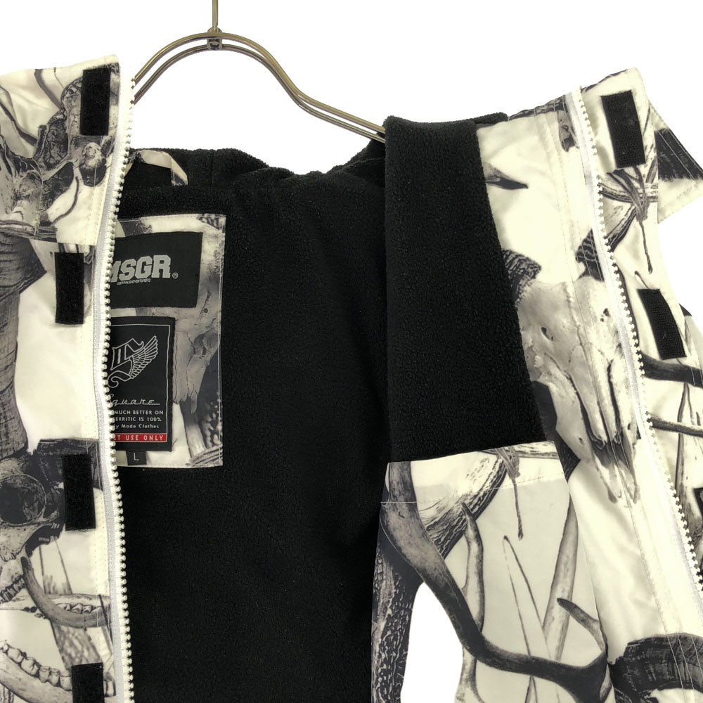 メッセンジャー 総柄 フード付き ジャケット L ホワイト×ブラック 裏フリース ダブルジッパー メンズ