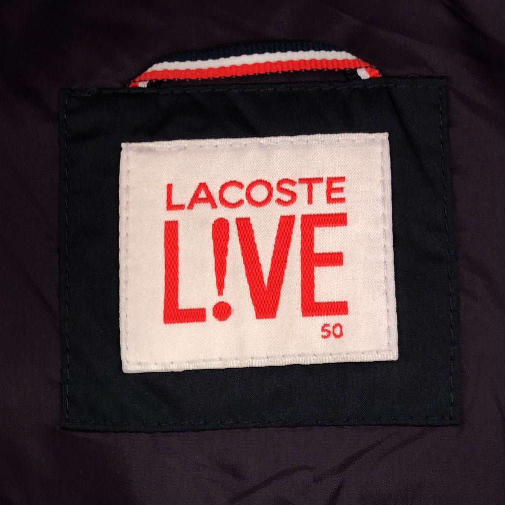 ラコステライブ ロゴワッペン フーデッド ダウンベスト 50 ネイビー LACOSTE L!VE 裏地付き ダブルジッパー メンズ