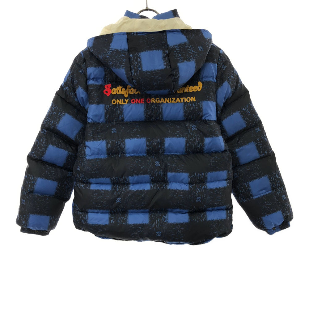 未使用 satisfaction guaranteed サティスファクションギャランティード 日本製 チェック柄 フード付き ダウンジャケット S ブルー×ブラック バックロゴ刺繍 タグ付き メンズ