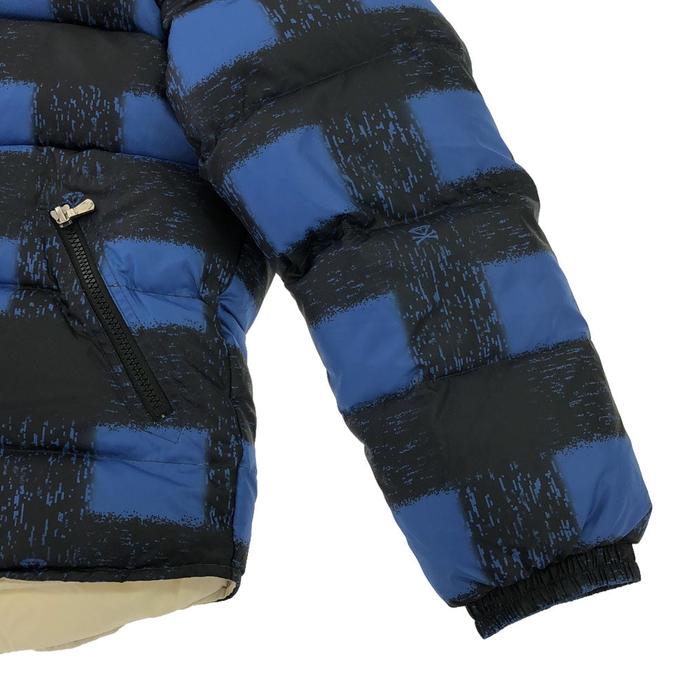 未使用 satisfaction guaranteed サティスファクションギャランティード 日本製 チェック柄 フード付き ダウンジャケット S ブルー×ブラック バックロゴ刺繍 タグ付き メンズ