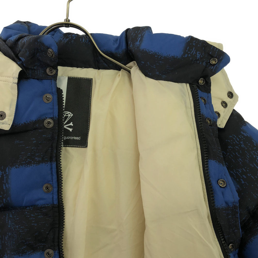 未使用 satisfaction guaranteed サティスファクションギャランティード 日本製 チェック柄 フード付き ダウンジャケット S ブルー×ブラック バックロゴ刺繍 タグ付き メンズ