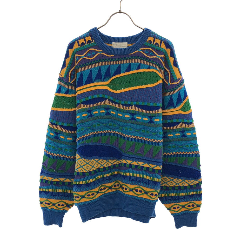 OLD オールド 90s 日本製 3D 総柄 長袖 ニット ブルー系 セーター メンズ