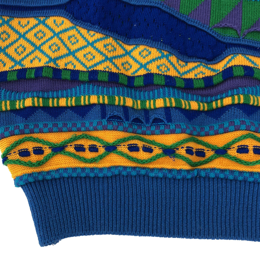 OLD オールド 90s 日本製 3D 総柄 長袖 ニット ブルー系 セーター メンズ