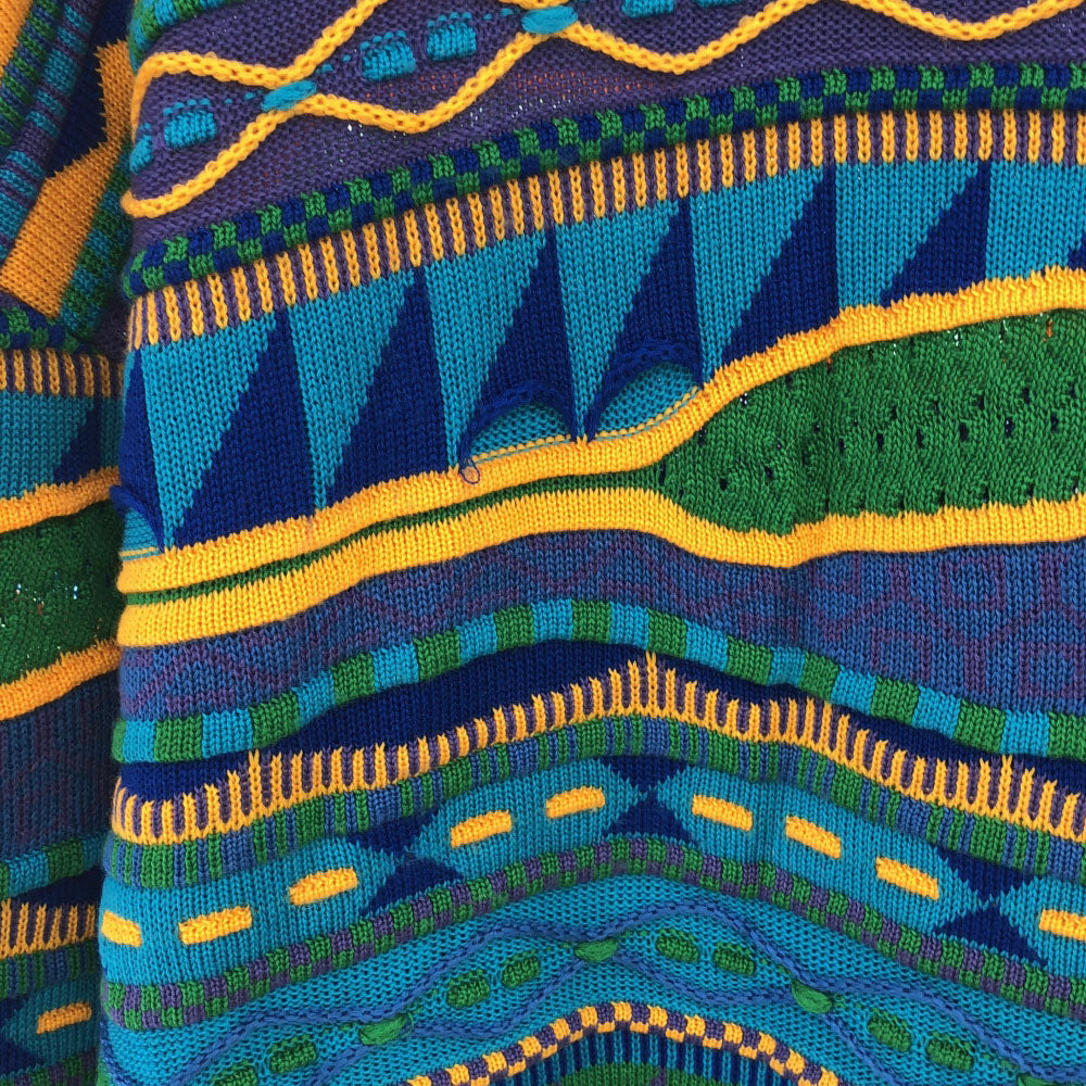 OLD オールド 90s 日本製 3D 総柄 長袖 ニット ブルー系 セーター メンズ