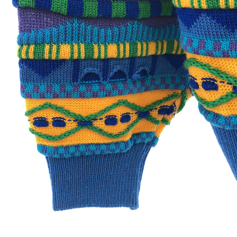 OLD オールド 90s 日本製 3D 総柄 長袖 ニット ブルー系 セーター メンズ