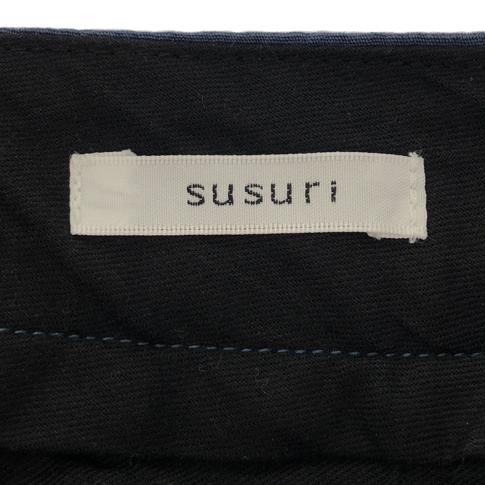 ススリ 日本製 リネンブレンド タック テーパードパンツ M ブルー ボタンフライ レディース