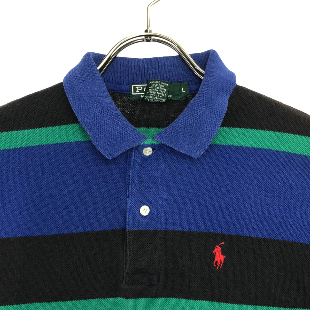 Polo by Ralph Lauren ポロバイラルフローレン 80s ヴィンテージ ボーイズ 緑タグ ボーダー 長袖 ポロシャツ L ブルー系 鹿の子 メンズ