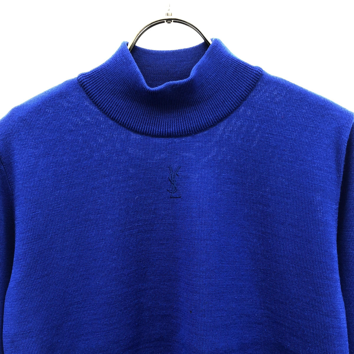 YVES SAINT LAURENT イヴサンローラン 90s ウール100% オールド ロゴ刺繍 長袖 モックネック ニット M ブルー セーター レディース