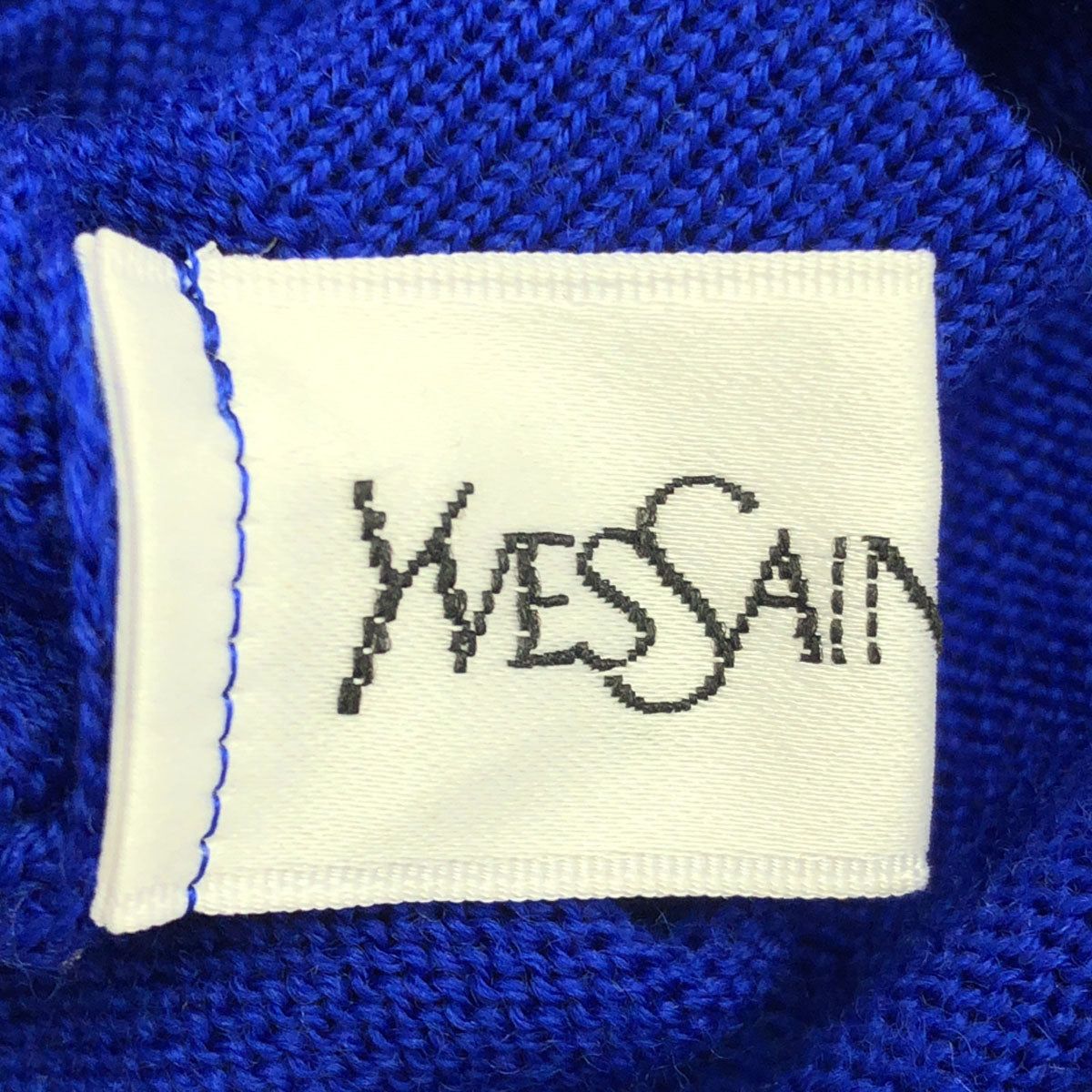 YVES SAINT LAURENT イヴサンローラン 90s ウール100% オールド ロゴ刺繍 長袖 モックネック ニット M ブルー セーター レディース