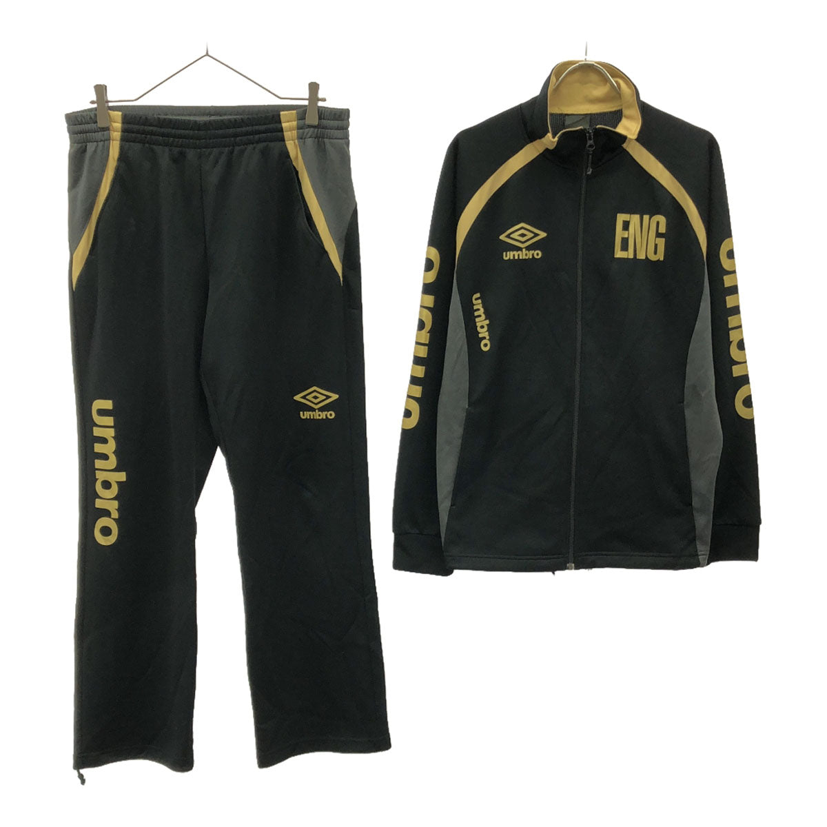 umbro アンブロ デサント製 ロゴプリント サッカー 長袖 ENG イングランド トレーニングジャージ 上下 セットアップ M ブラック ゴールドプリント ウエストゴム メンズ