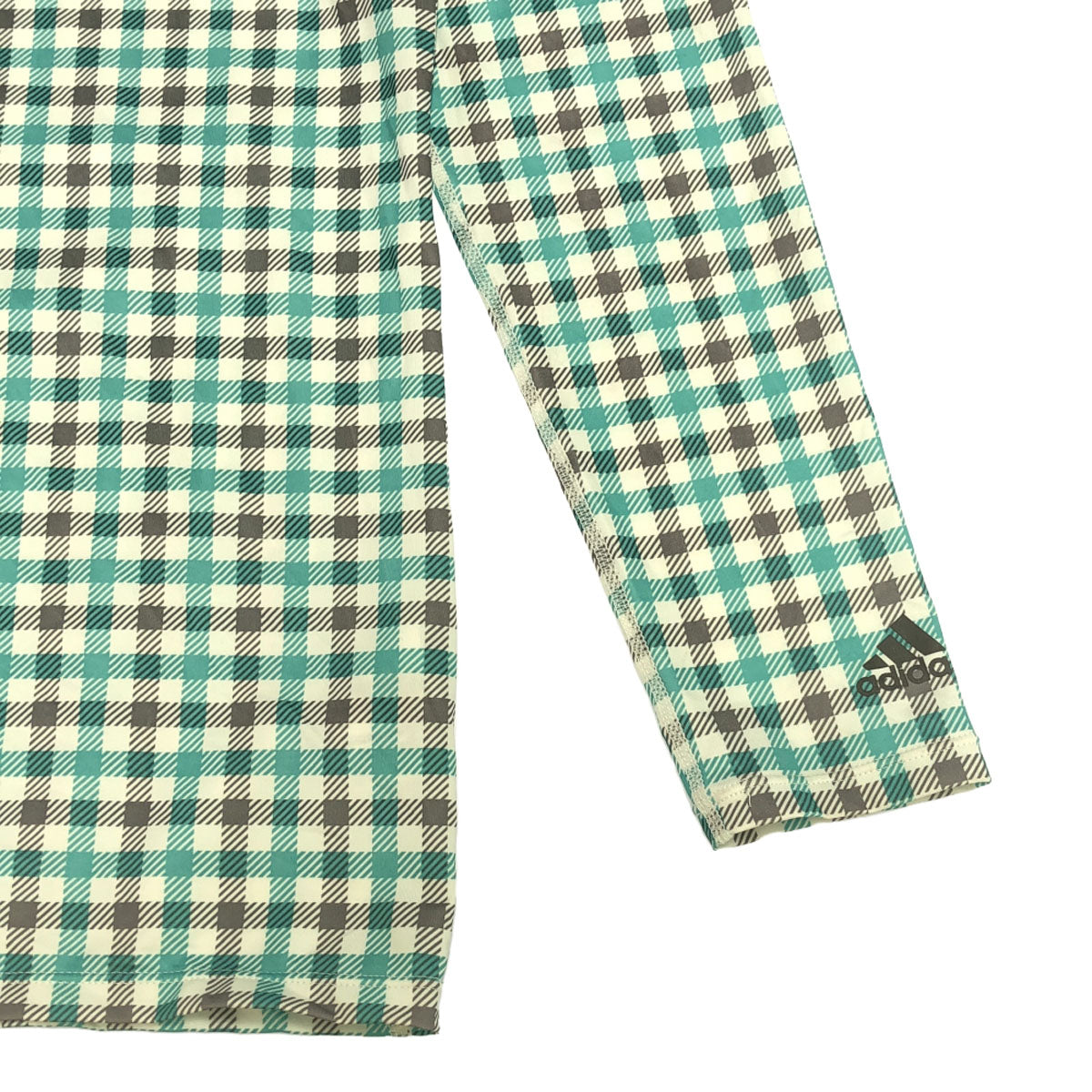 adidas アディダス ギンガムチェック ロゴプリント ゴルフ 長袖 ポロシャツ M グリーン系 ストレッチ入り メンズ