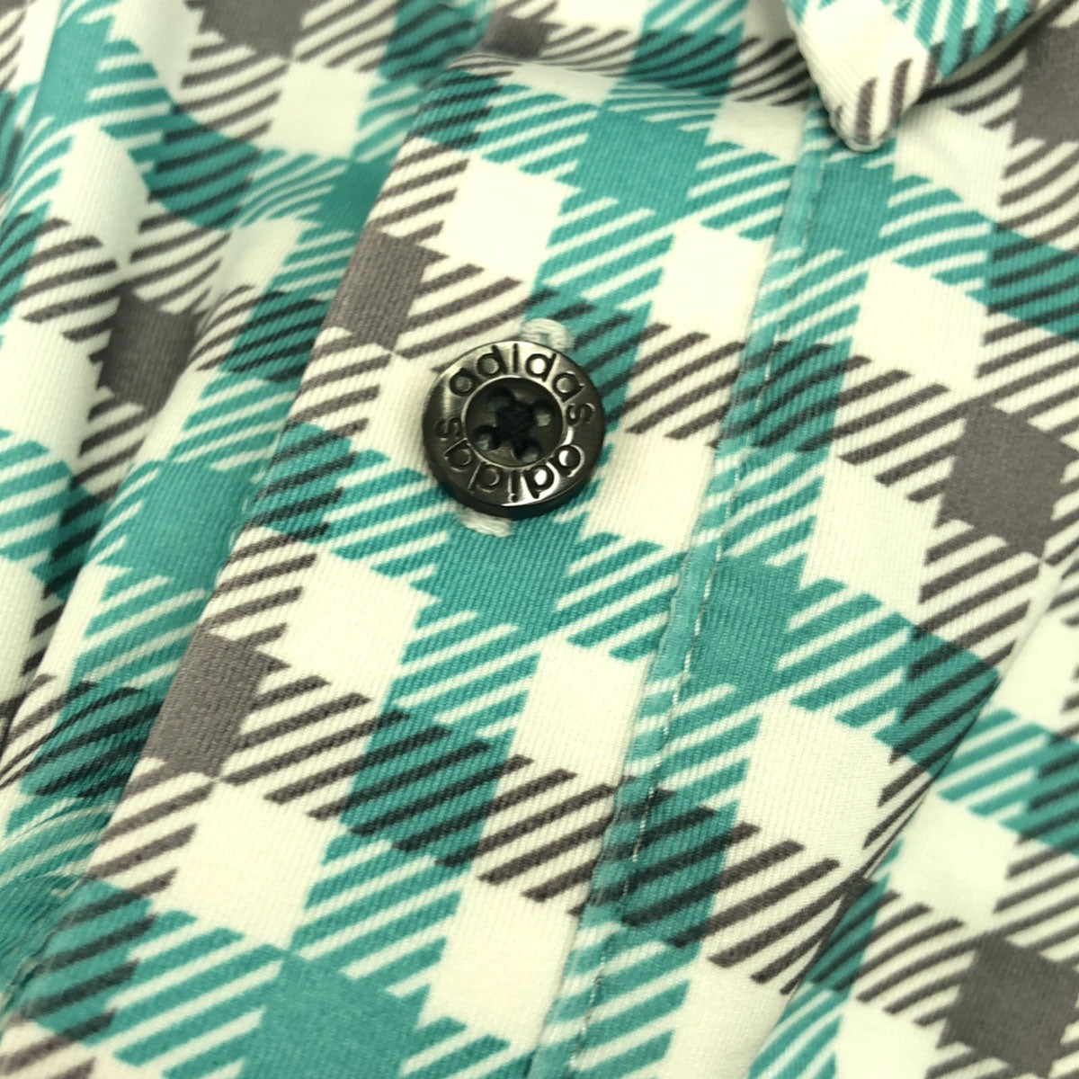 adidas アディダス ギンガムチェック ロゴプリント ゴルフ 長袖 ポロシャツ M グリーン系 ストレッチ入り メンズ