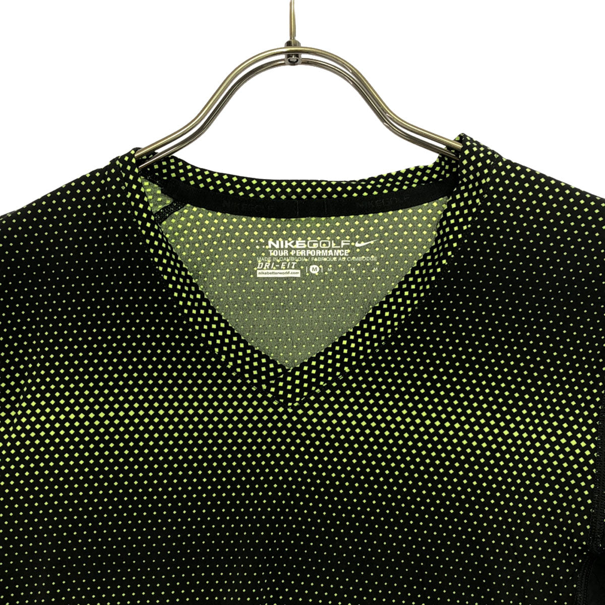 NIKE ナイキ ロゴプリント ダイヤ柄 ゴルフ 長袖 DRI-FIT UV クールタッチベースレイヤー Vネック シャツ M ブラック×ライトグリーン トレーニング メンズ