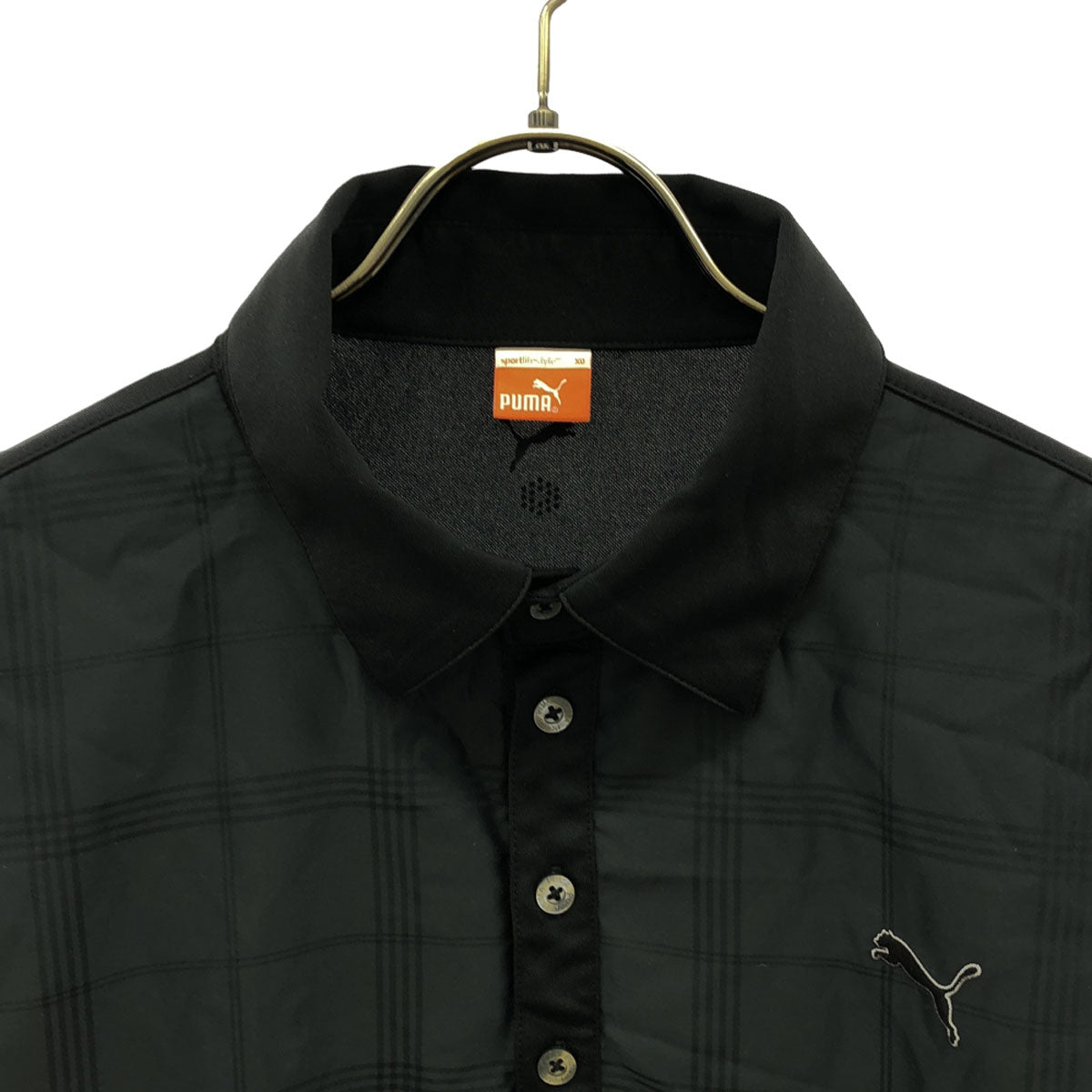 PUMA プーマ ロゴ刺繍 チェック柄 ゴルフ 長袖 ポロシャツ XO ブラック トレーニング メンズ