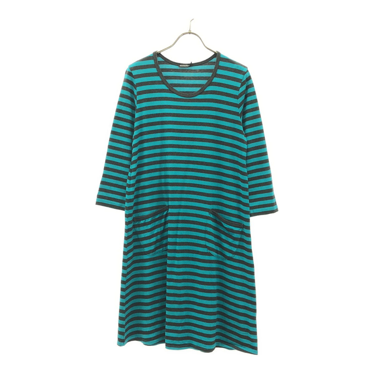 marimekko マリメッコ ボーダー柄 7分袖 ワンピース XS グリーン系×ブラック レディース