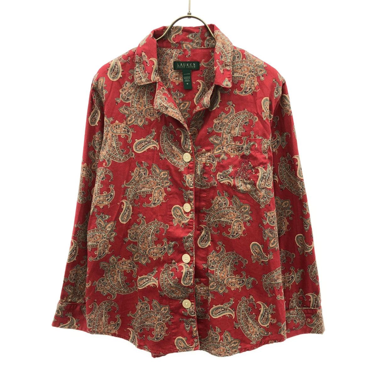LAUREN RALPH LAUREN ローレンラルフローレン ペイズリー柄 ロゴ刺繍 長袖 コットンシャツ M レッド系 レディース