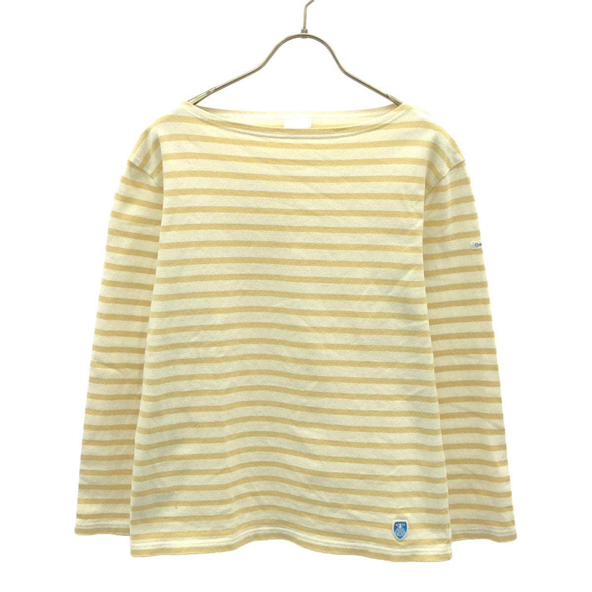 ORCIVAL オーシバル フランス製 ボーダー ロゴワッペン 長袖 ボートネック バスクシャツ 3 ベージュ×ホワイト ロンT カットソー メンズ