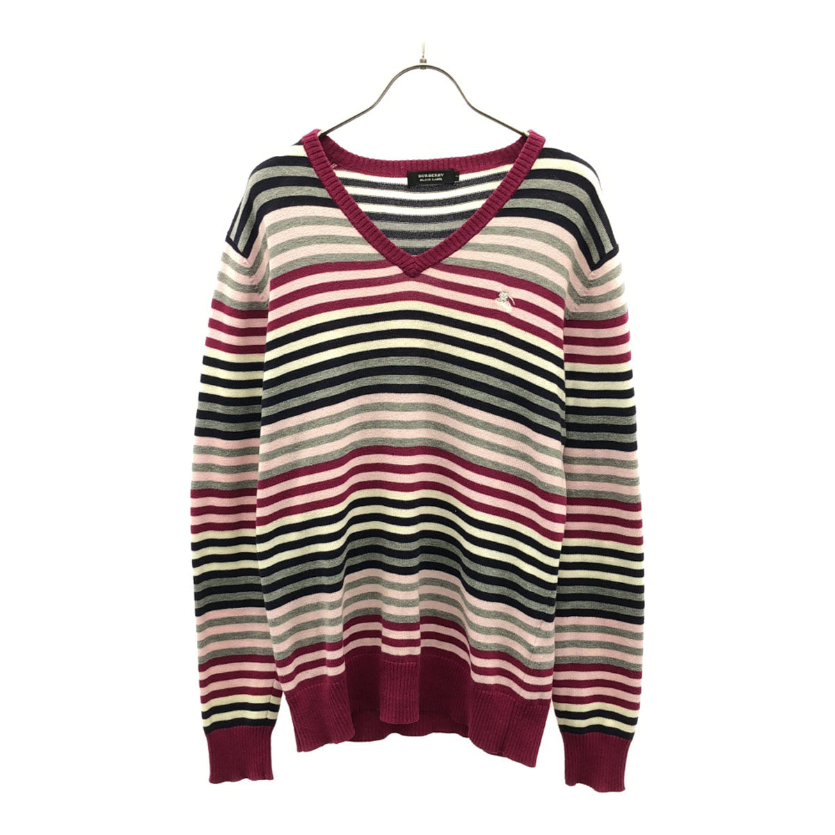 BURBERRY BLACK LABEL バーバリーブラックレーベル 三陽商会 ボーダー 長袖 Vネック セーター 2 ピンク系 ニット メンズ