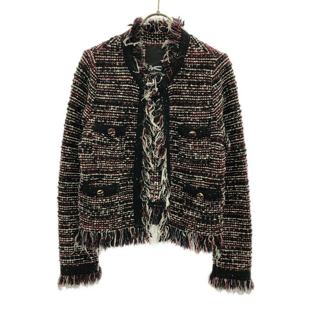 DENHAM デンハム 日本製 ウールブレンド クラッシュ ツイードジャケット F ブラック×ホワイト×レッド ノーカラー レディース