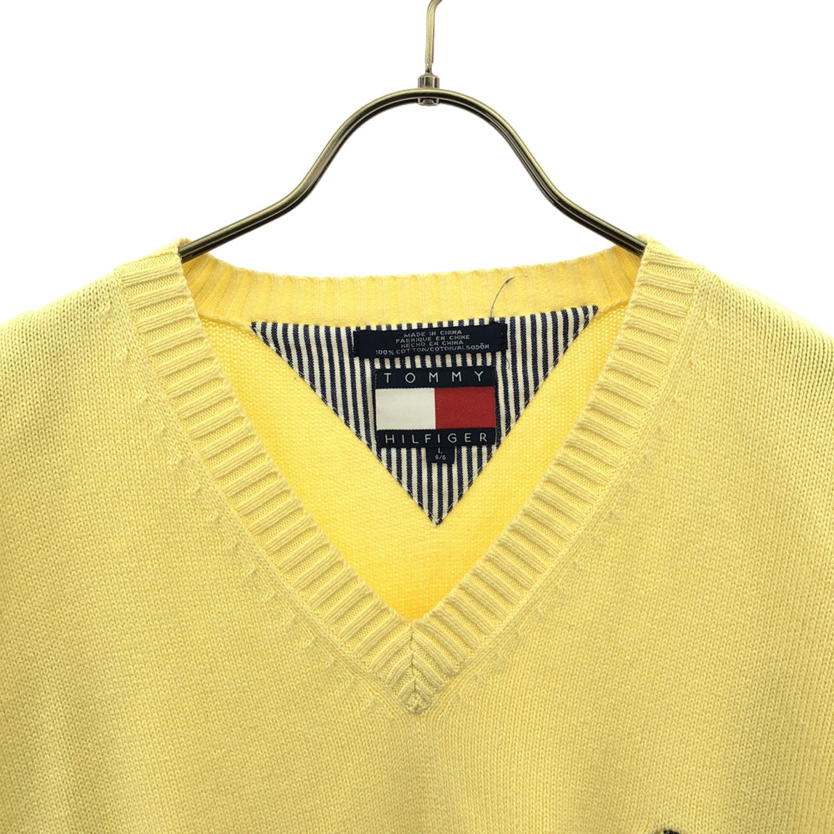 TOMMY HILFIGER トミーヒルフィガー 90s オールド フラッグタグ ロゴ刺繍 長袖 Vネック コットン ニット L イエロー セーター メンズ