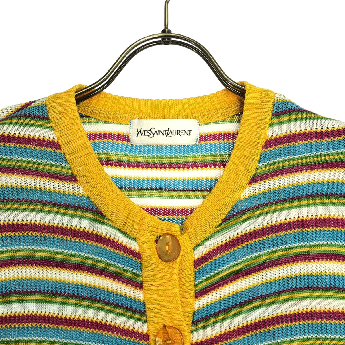 YVES SAINT LAURENT イヴサンローラン 90s オールド ボーダー柄 長袖 コットンニット カーディガン M イエロー系 レディース