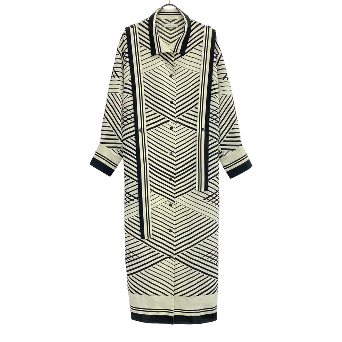 ADORE アドーア 日本製 長袖 オプティカルプリント ワンピース 36 オフホワイト×ブラック レディース