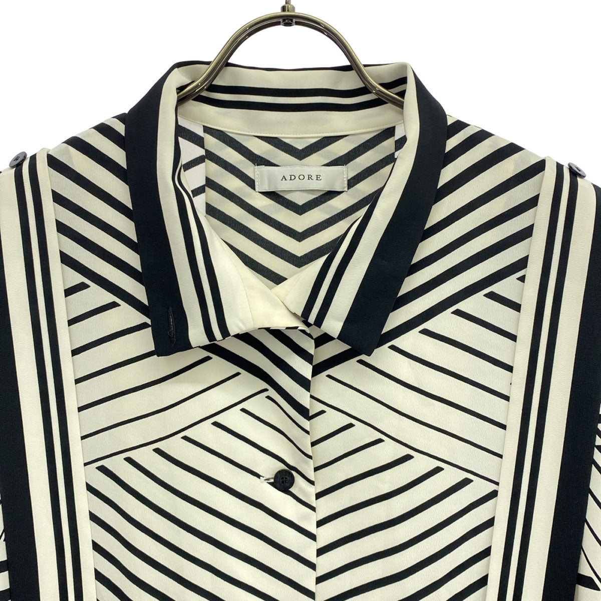 ADORE アドーア 日本製 長袖 オプティカルプリント ワンピース 36 オフホワイト×ブラック レディース