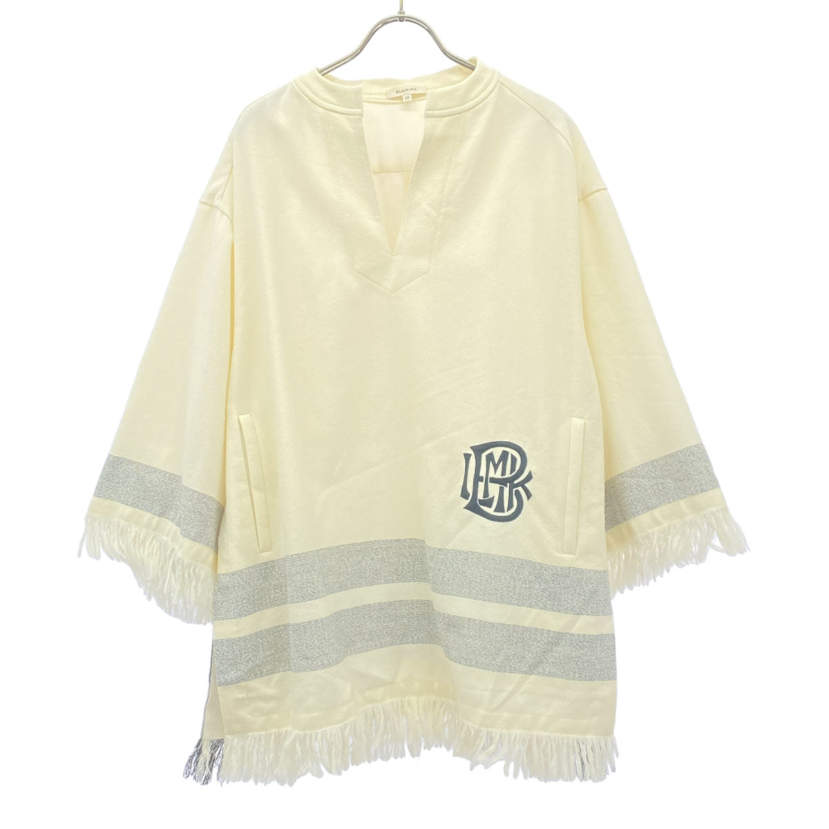 BLAMINK ブラミンク 日本製 ウールブレンド ロゴ刺? 7分袖 フリンジ使い チュニック 36 ホワイト系 レディース