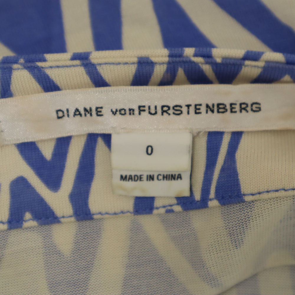 ダイアン フォン ファステンバーグ シルク 総柄 7分袖 膝丈ワンピース  ブルー×ホワイト DIANE von FURSTENBERG レディース