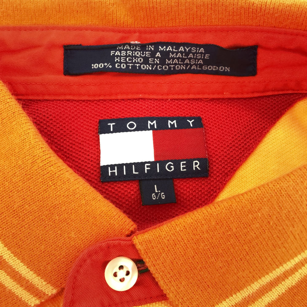 トミーヒルフィガー 90s 半袖 フラッグタグ ポロシャツ L オレンジ系 TOMMY HILFIGER 鹿の子地 オールド ヴィンテージ メンズ