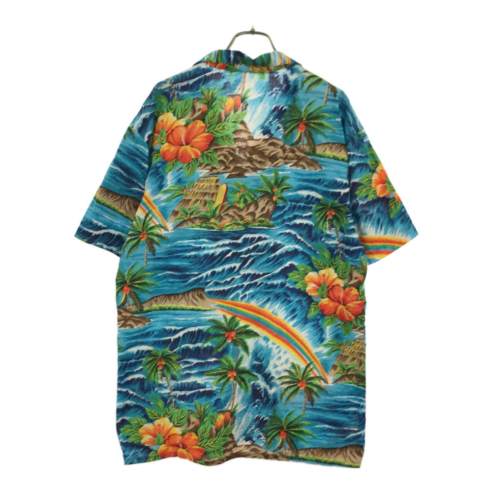 Hutspah USA製 花柄 ヤシの木 波 半袖 アロハシャツ L ブルー系 Hutspah メンズ