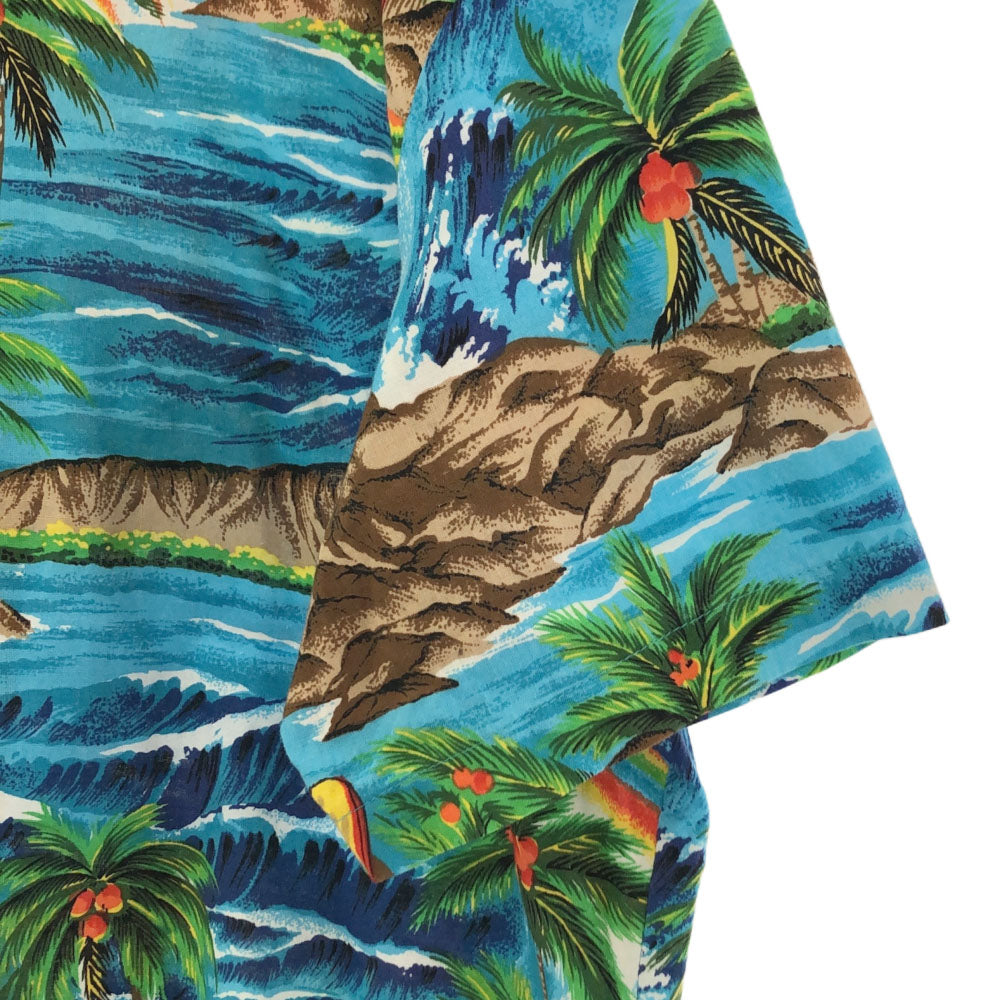 Hutspah USA製 花柄 ヤシの木 波 半袖 アロハシャツ L ブルー系 Hutspah メンズ