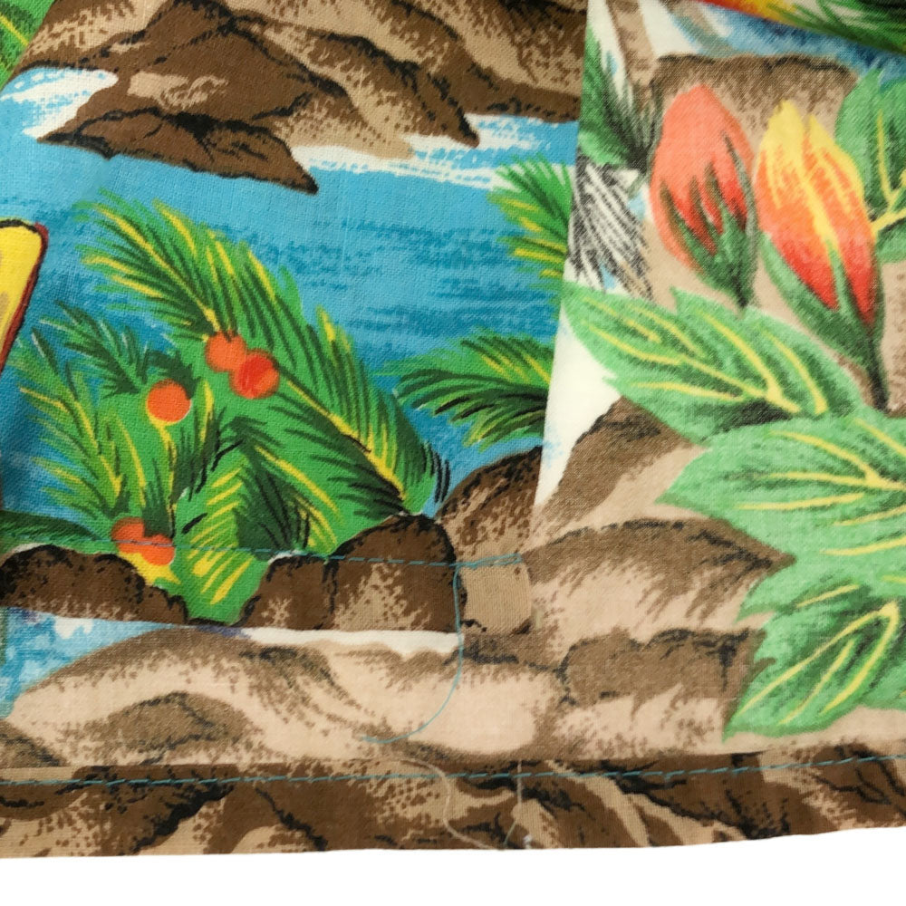 Hutspah USA製 花柄 ヤシの木 波 半袖 アロハシャツ L ブルー系 Hutspah メンズ