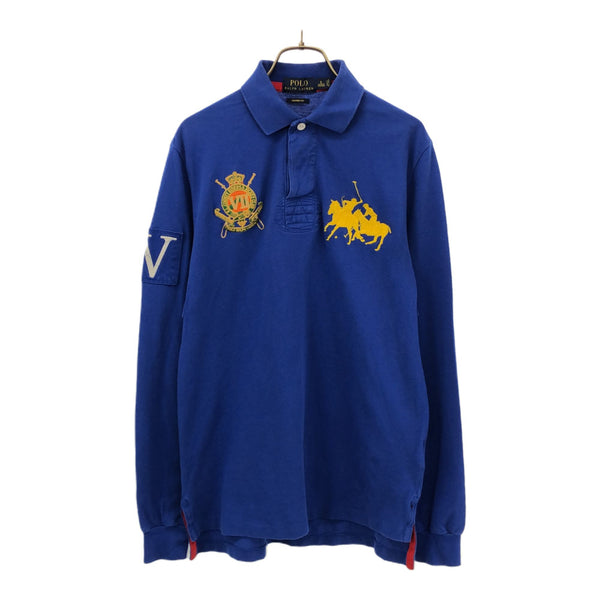 ポロラルフローレン 刺繍 ワッペン 長袖 ポロシャツ S ブルー POLO RALPH LAUREN 鹿の子地 メンズ