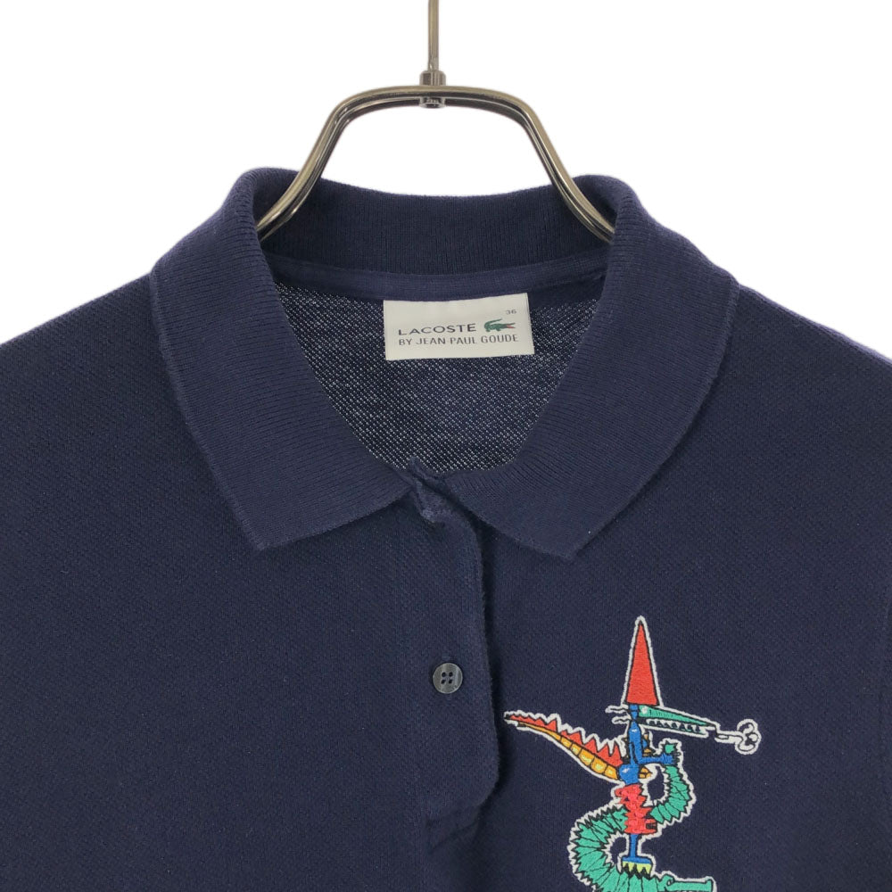 ラコステ BY JEAN-PAUL GOUDE 刺繍 半袖 ポロシャツ 36 ネイビー LACOSTE 鹿の子地 レディース