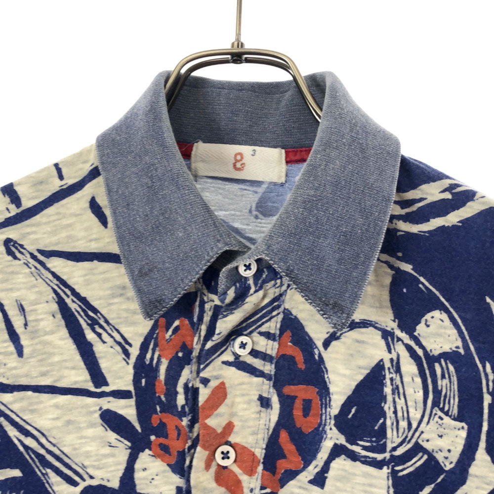 フォーティーファイブアールピーエム 日本製 総柄 半袖 ポロシャツ 3 ブルー 45R 45rpm メンズ